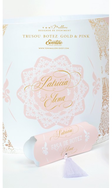 Trusou de botez clasic si elegant in nuante de alb, roz si auriu, Lacy 16